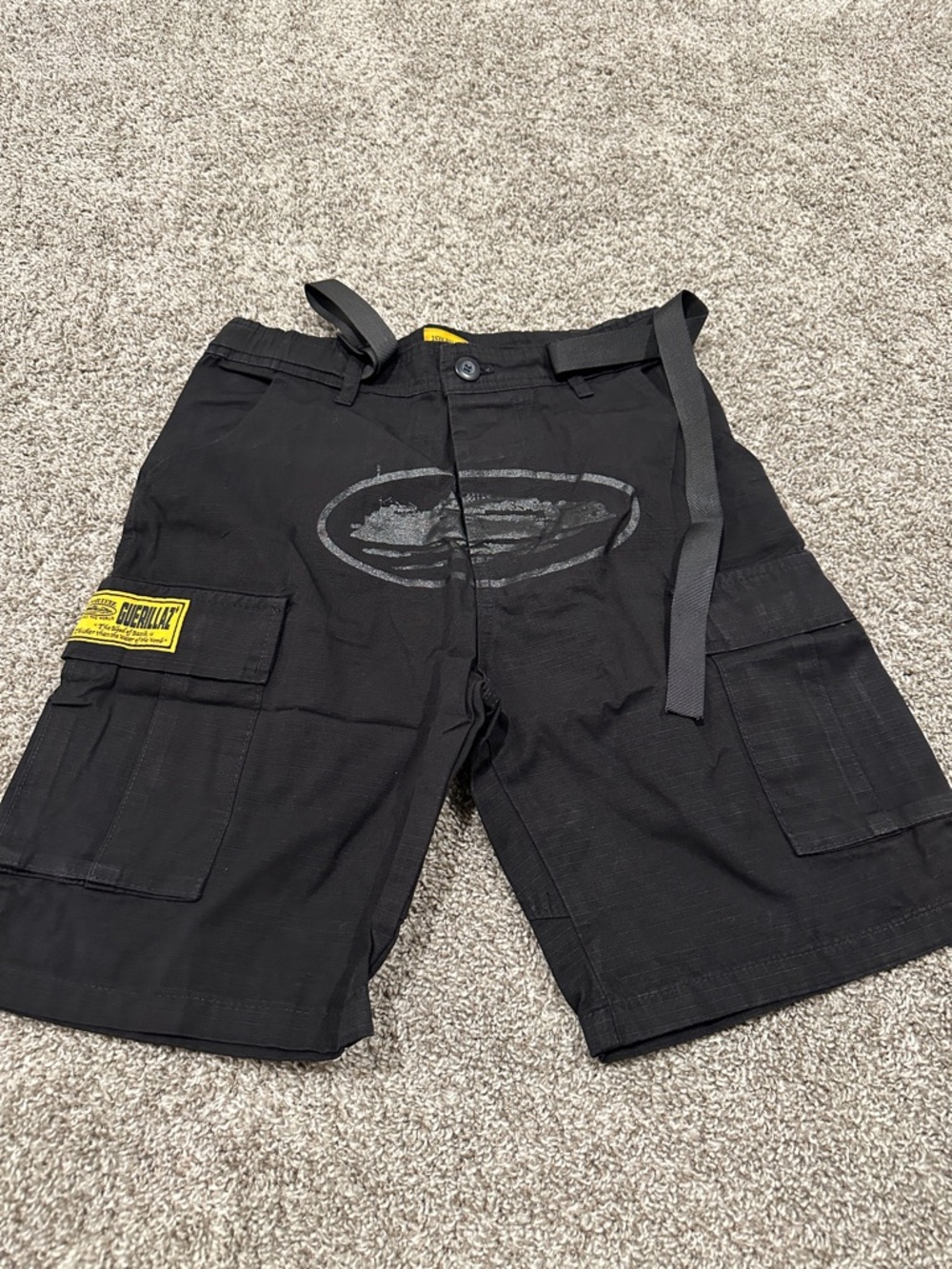 Black Cargo Shorts with Utility Pockets and Web Belt